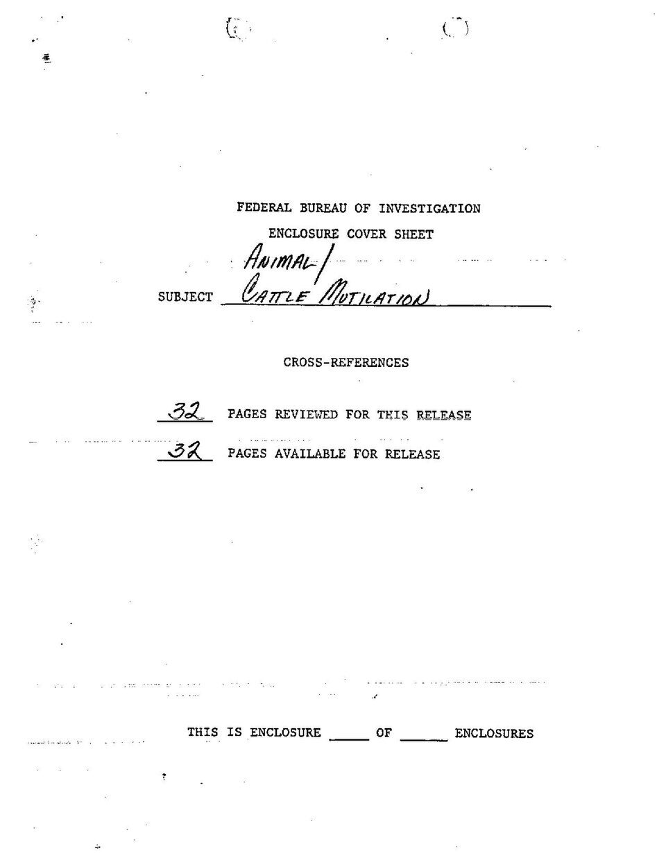 FBI enclosure cover sheet, subject handwritten as 'Animal / Cattle Mutilation', recording 32 pages reviewed and 32 pages available for release.