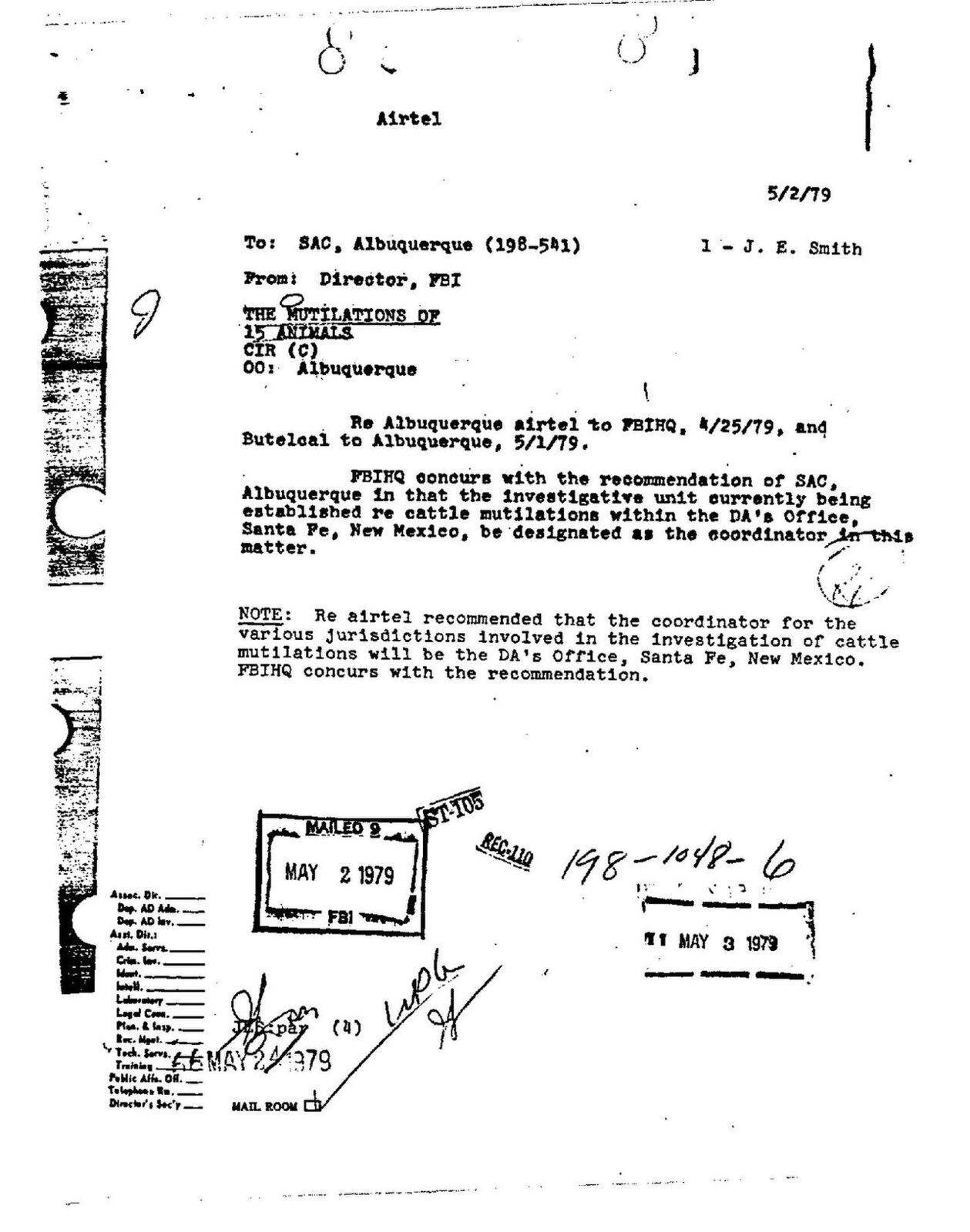 Typewritten FBI airtel dated 5/2/79 from the Director, FBI to SAC Albuquerque, headed 'THE MUTILATIONS OF 15 ANIMALS, CIR', with May 1979 date stamps and file number 198-1048-6.