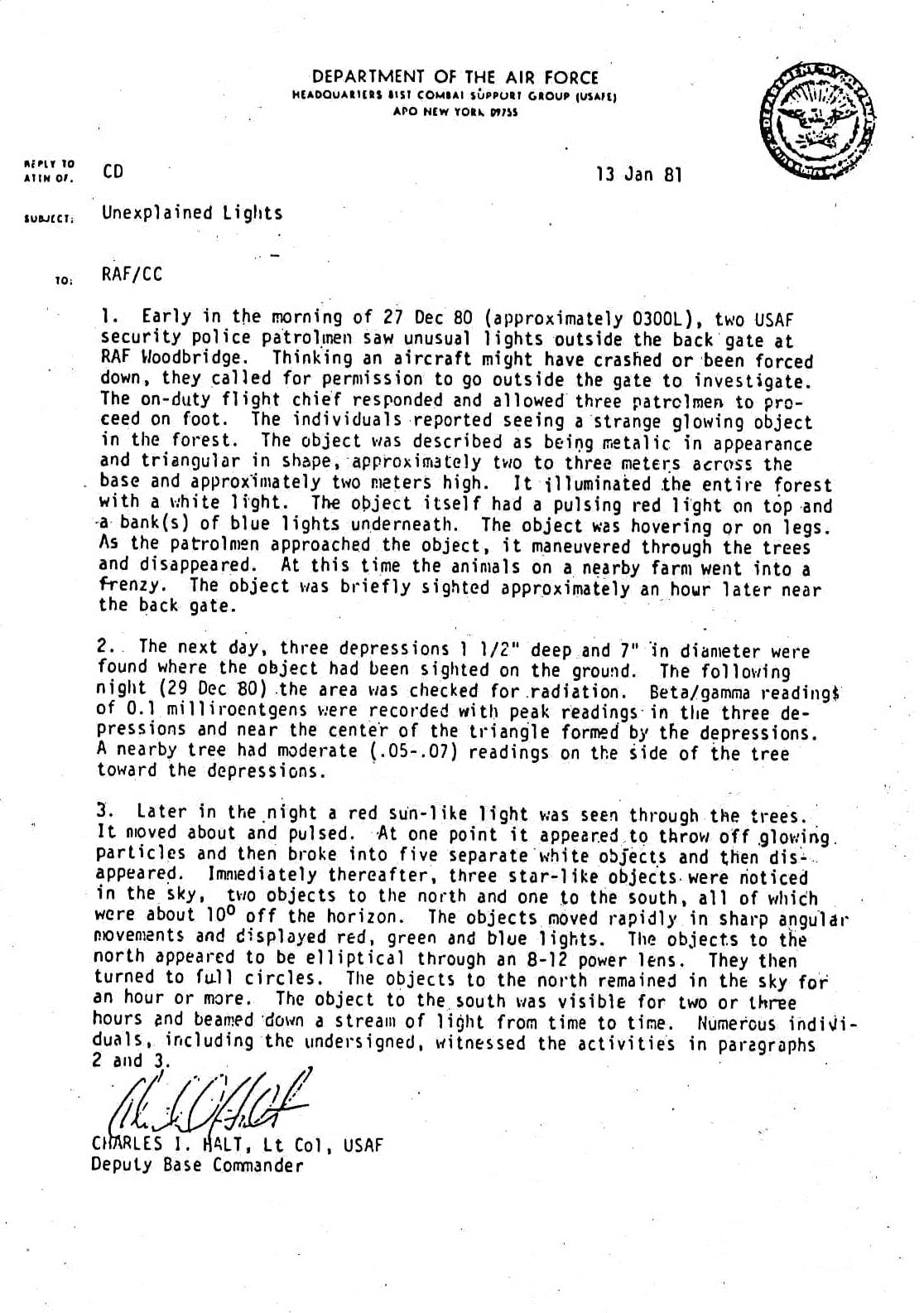 Scan of the one-page Halt memorandum "Unexplained Lights", dated 13 January 1981