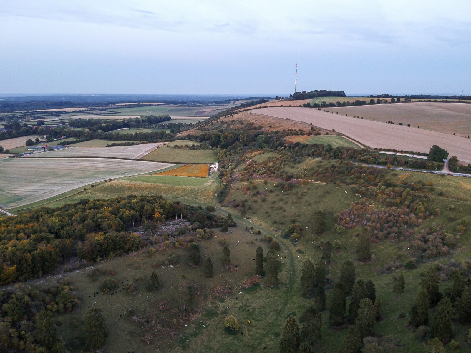 Aerial view of the Hannington transmitter mast standing on high ground above open Hampshire farmland