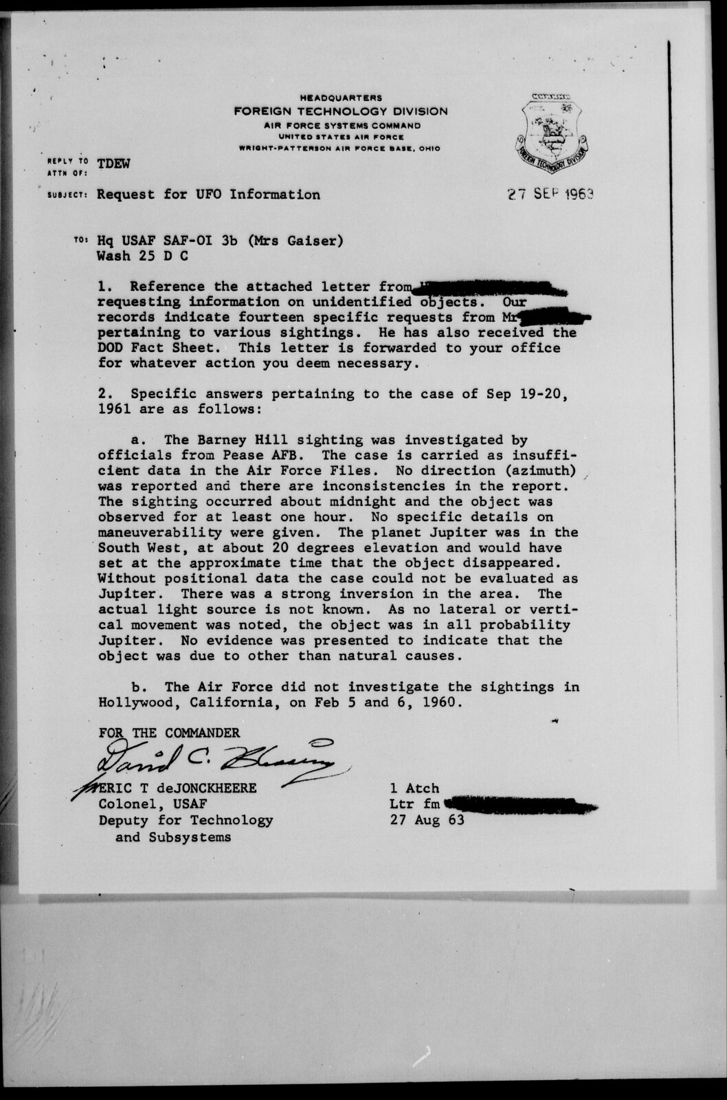 Foreign Technology Division letter dated 27 September 1963 discussing the case of 19–20 September 1961 and the Barney Hill sighting.