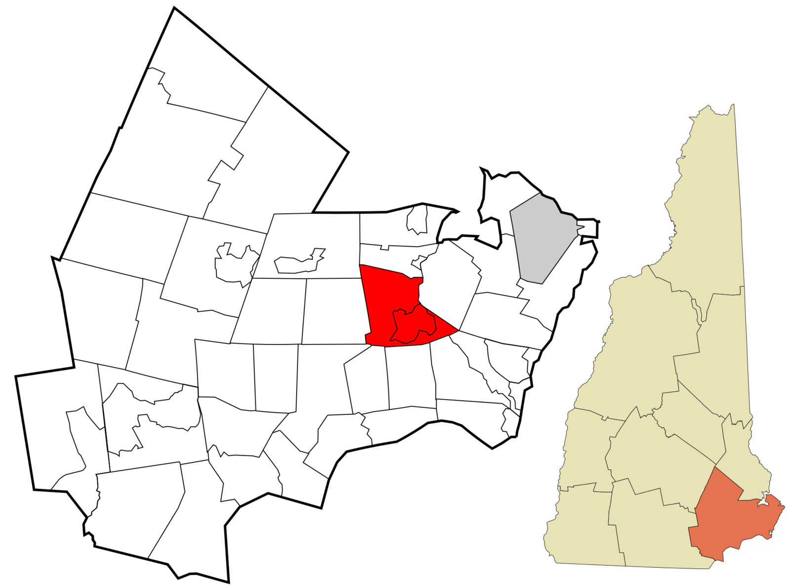 Locator map of Rockingham County, New Hampshire with the town of Exeter shaded