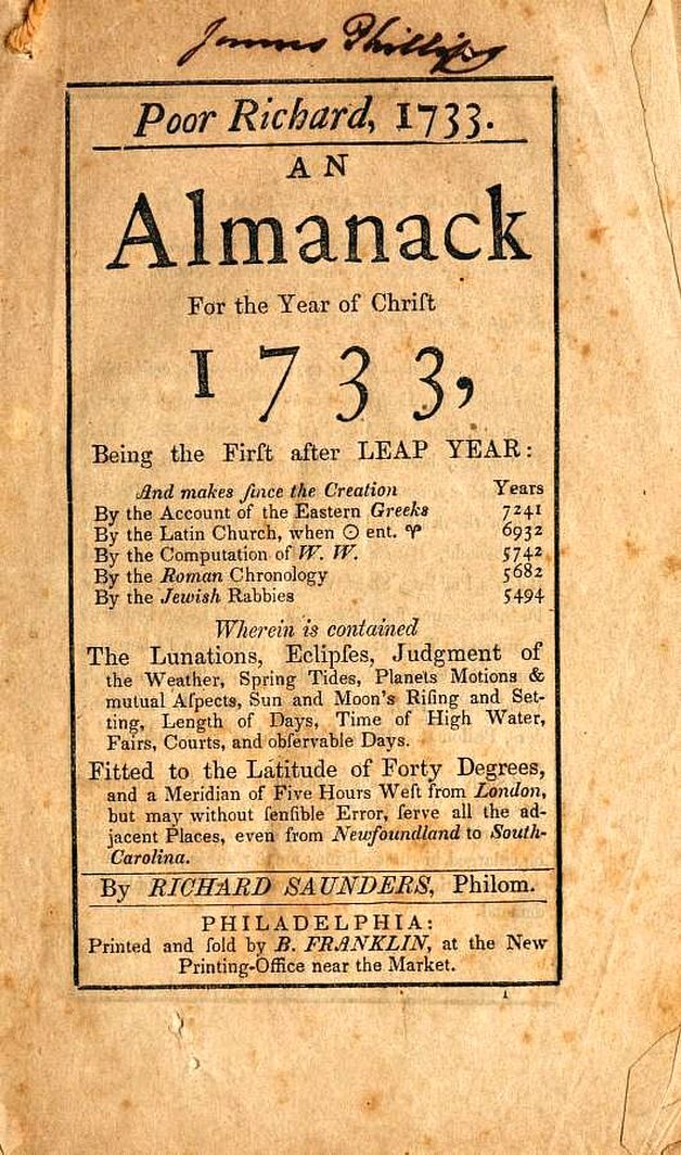 Title page of Poor Richard, 1733, an almanack printed and sold by B. Franklin, Philadelphia