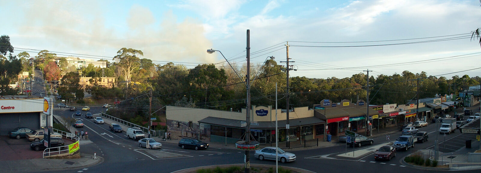 Panoramic view of the township of Belgrave, Victoria, set among wooded hills