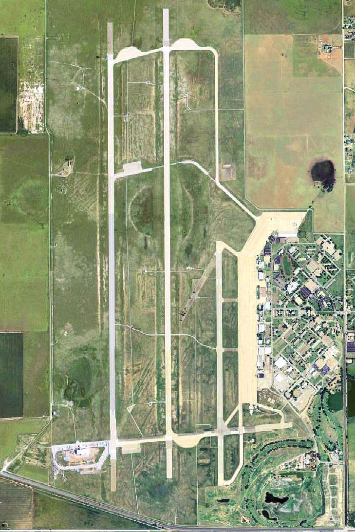 Aerial survey photograph of the former Reese Air Force Base airfield west of Lubbock, Texas, showing runways and apron layout