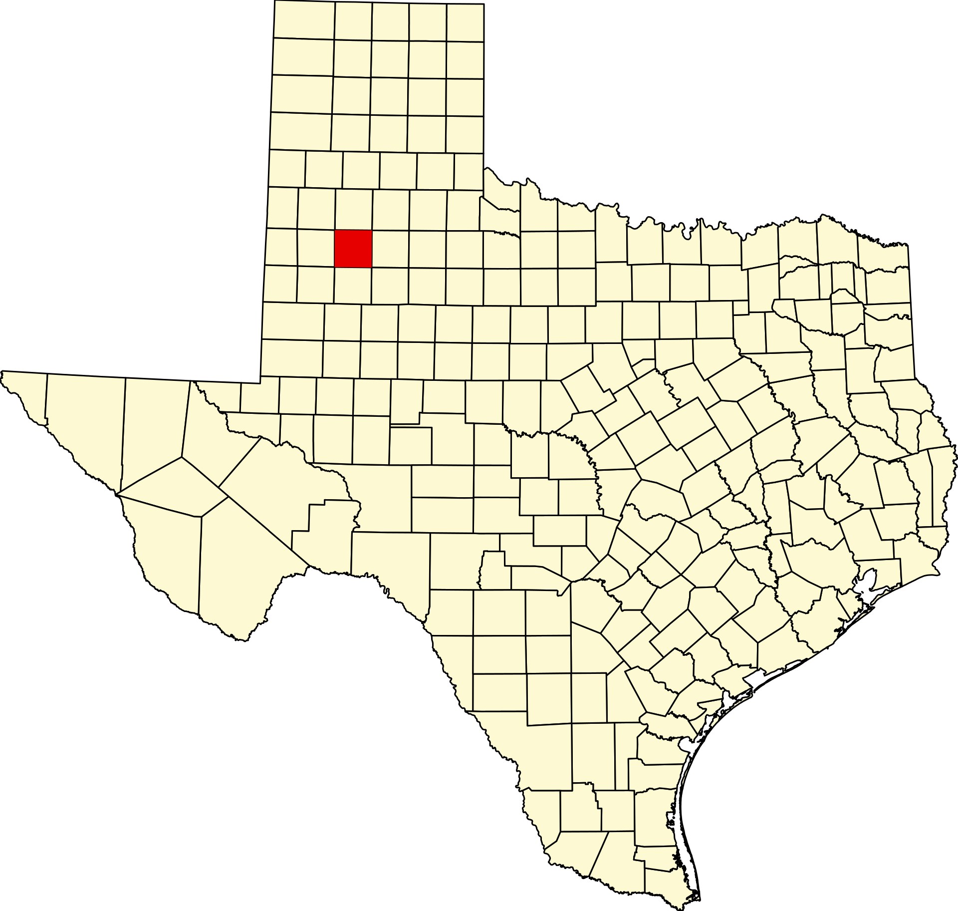 Outline map of the state of Texas with Lubbock County shaded in red in the northwest panhandle region