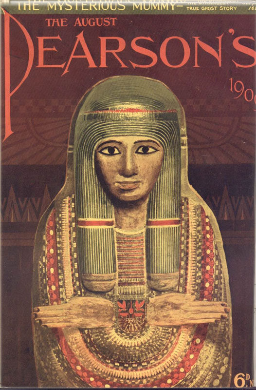 Cover of Pearson's Magazine from 1909 advertising Sax Rohmer's story of the Mysterious Mummy, illustrated with the British Museum mummy-board