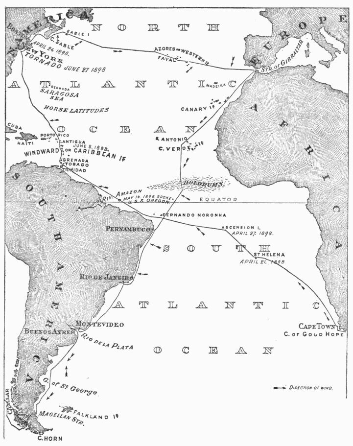 Chart from Joshua Slocum's Sailing Alone Around the World tracing the sloop Spray's Atlantic tracks from Boston to Gibraltar, on to the Strait of Magellan, and homeward from the Cape of Good Hope.